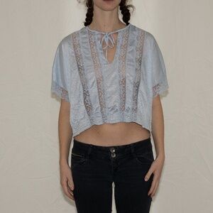 Vintage 80s blue lingerie top with lace size large jcpenney nylon